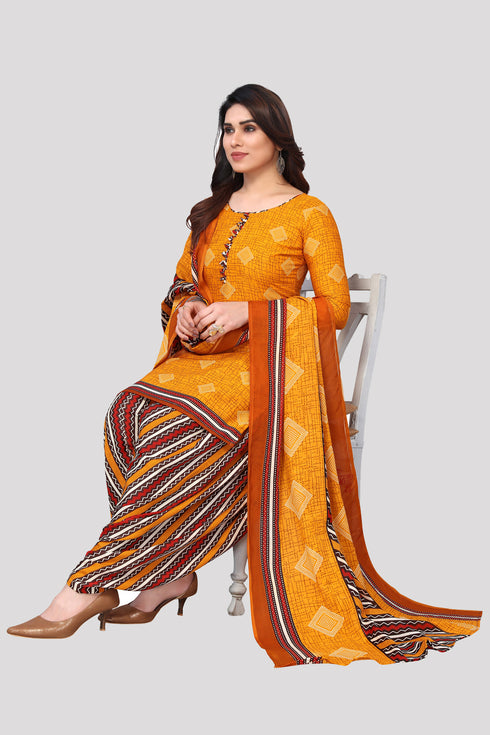 Yellow Cotton Blend Printed Unstitched Salwar Suit Material