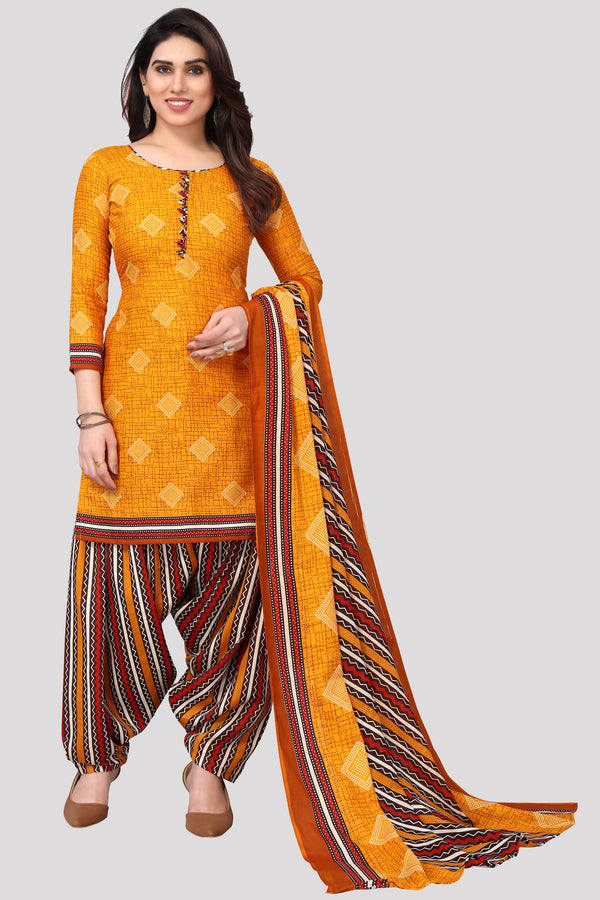 Yellow Cotton Blend Printed Unstitched Salwar Suit Material