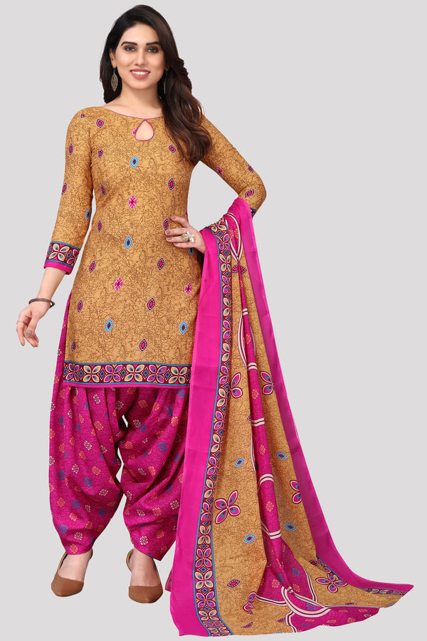 Beige Cotton Blend Printed Unstitched Salwar Suit Material