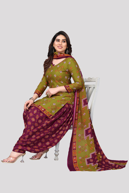 Mahendi Green Cotton Blend Printed Unstitched Salwar Suit Material
