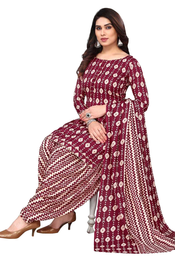 Maroon & Beige Cotton Blend Printed Unstitched Salwar Suit Material