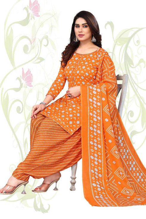 Orange Cotton Blend Printed Unstitched Salwar Suit Material
