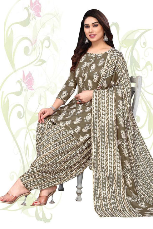 Olive Cotton Blend Printed Unstitched Salwar Suit Material