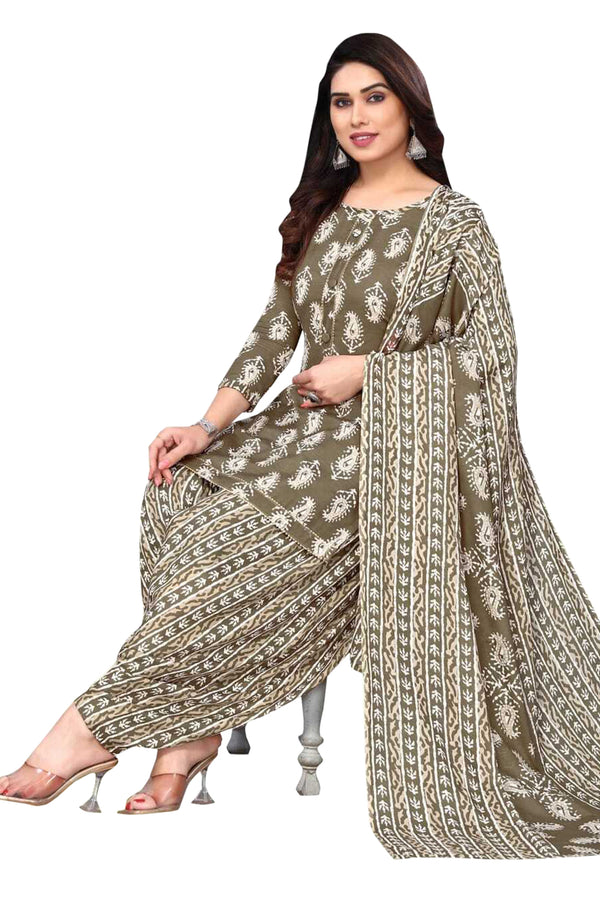 Olive Cotton Blend Printed Unstitched Salwar Suit Material