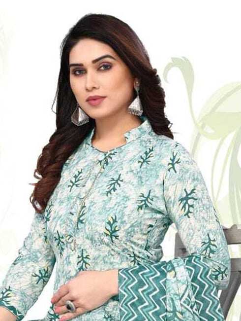 Sea Green & White Cotton Blend Printed Unstitched Salwar Suit Material
