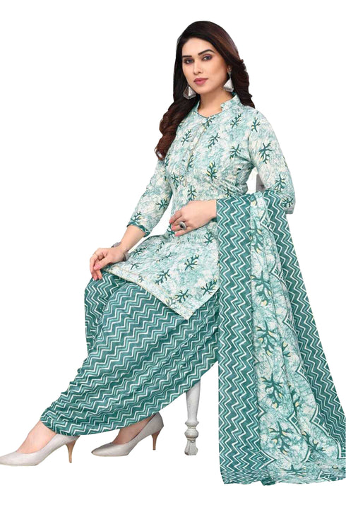 Sea Green & White Cotton Blend Printed Unstitched Salwar Suit Material