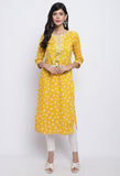 Yellow Pure Cambric Cotton Jaipuri Printed Kurti