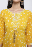 Yellow Pure Cambric Cotton Jaipuri Printed Kurti