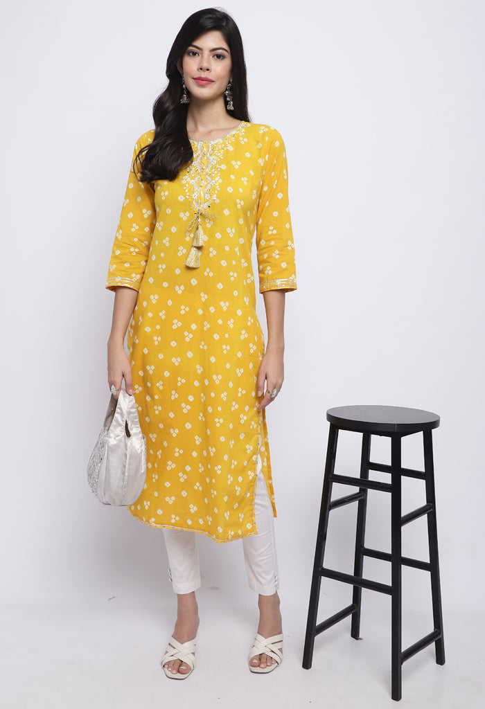 Yellow Pure Cambric Cotton Jaipuri Printed Kurti