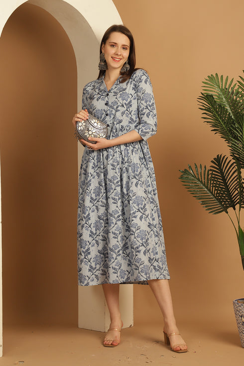 Light Blue Women's Pure Cotton Floral Printed Gown