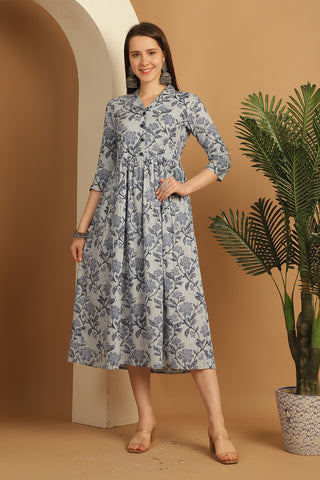 Light Blue Women's Pure Cotton Floral Printed Gown