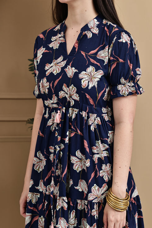 Blue Pure Cotton Floral Printed Gown