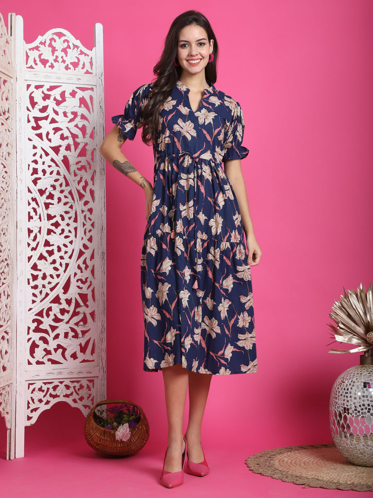 Blue Pure Cotton Floral Printed Gown