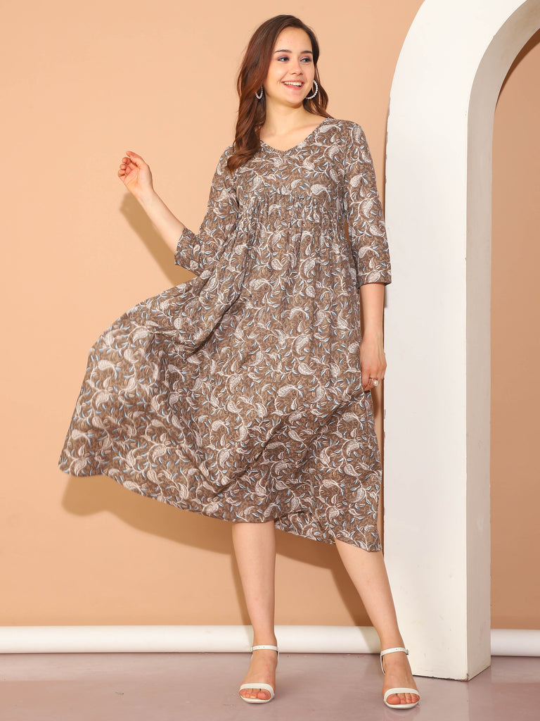 Brown Women's Pure Cotton Floral Printed Gown