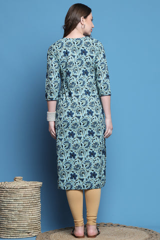 Sea Green Pure Cotton Printed Kurti For Women