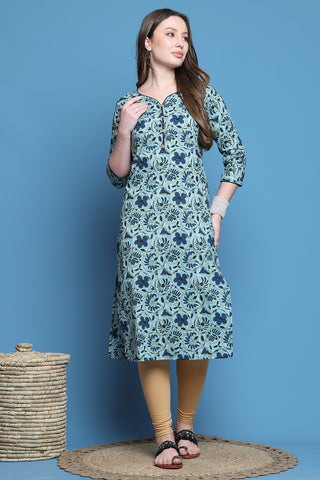 Sea Green Pure Cotton Printed Kurti For Women