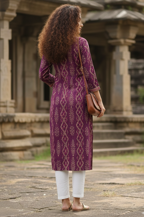 Wine Cotton Jaipuri Floral Printed Kurti