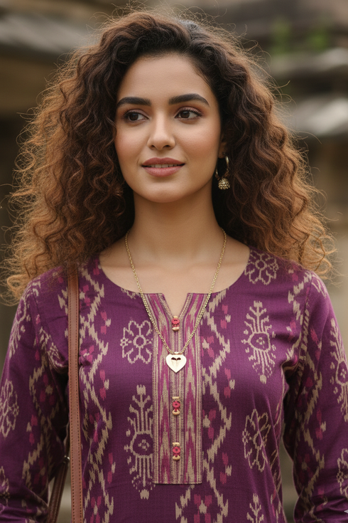 Wine Cotton Jaipuri Floral Printed Kurti