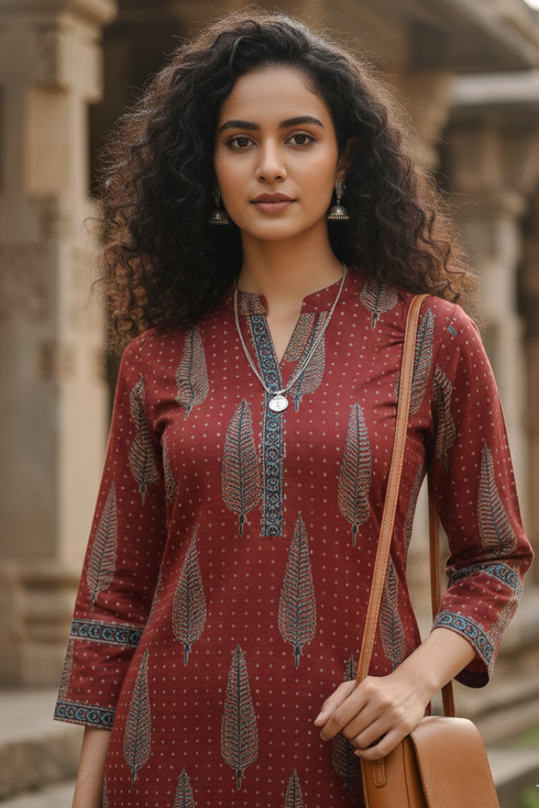 Maroon Cotton Jaipuri Floral Printed Kurti
