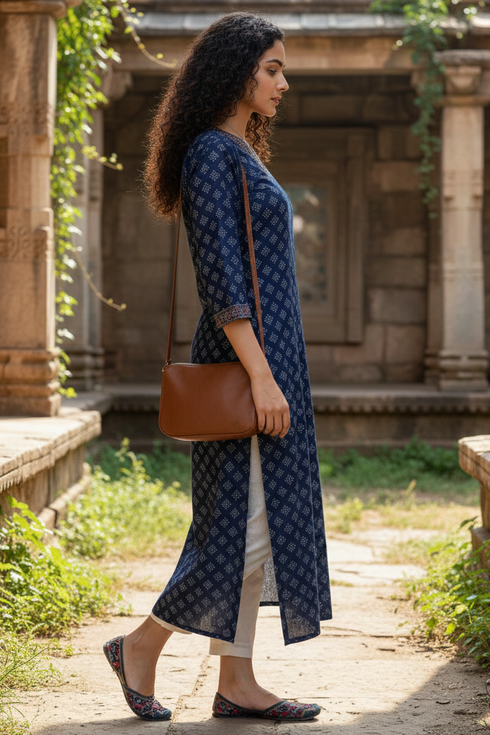 Blue Cotton Jaipuri Floral Printed Kurti