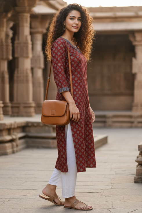 Maroon Cotton Jaipuri Floral Printed Kurti