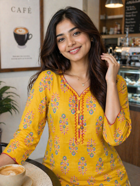 Yellow Pure Cotton Floral Printed Kurti
