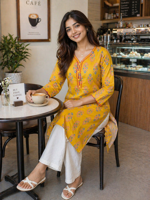Yellow Pure Cotton Floral Printed Kurti