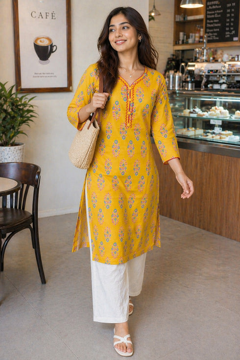 Yellow Pure Cotton Floral Printed Kurti