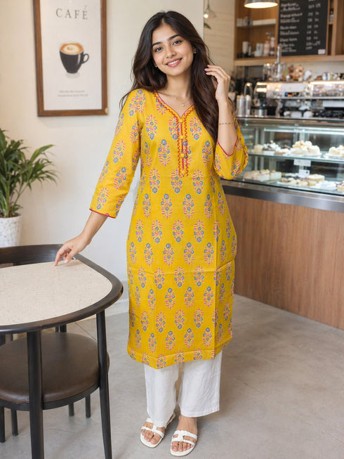 Yellow Pure Cotton Floral Printed Kurti