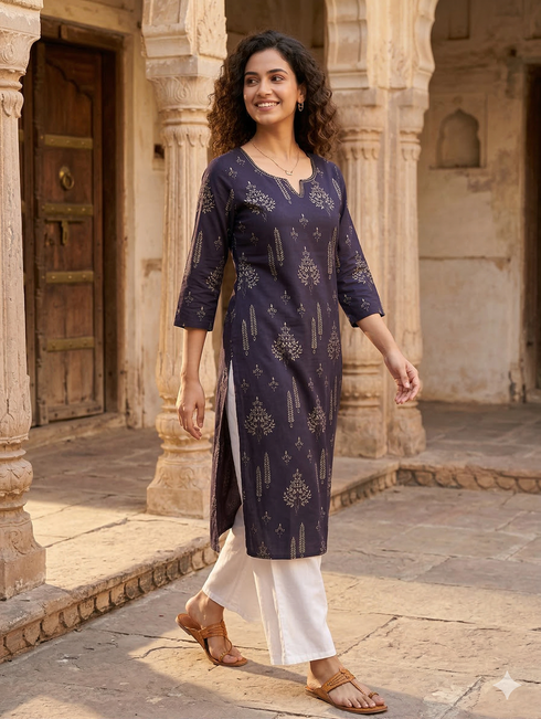 Violet Pure Cotton Jaipuri Floral Printed Kurti