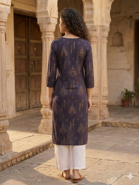 Violet Pure Cotton Jaipuri Floral Printed Kurti
