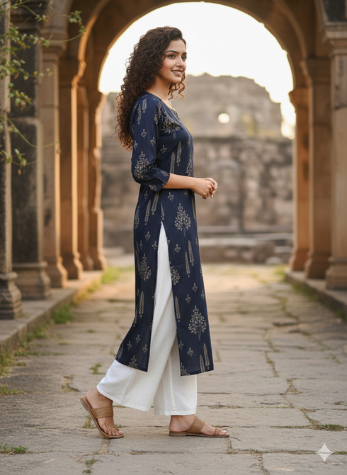Navy Blue Pure Cotton Jaipuri Floral Printed Kurti