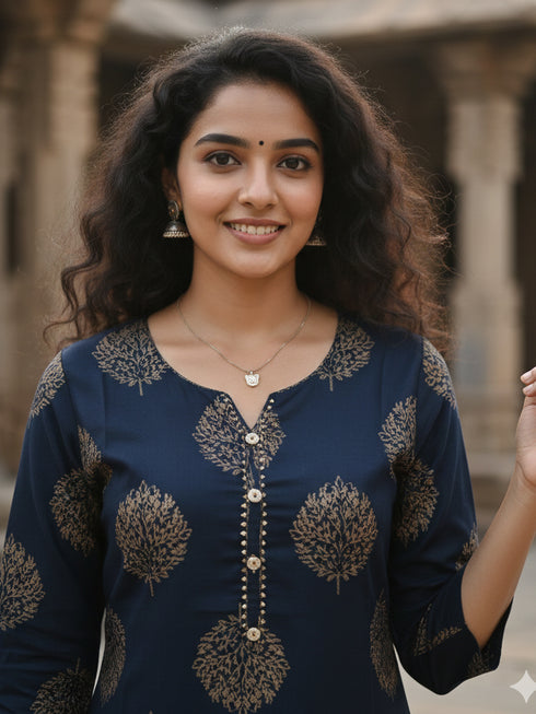Navy Blue Pure Cotton Floral Printed Kurti