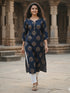 Navy Blue Pure Cotton Floral Printed Kurti