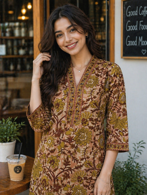 Peach & Brown Pure Cotton Floral Printed Kurti
