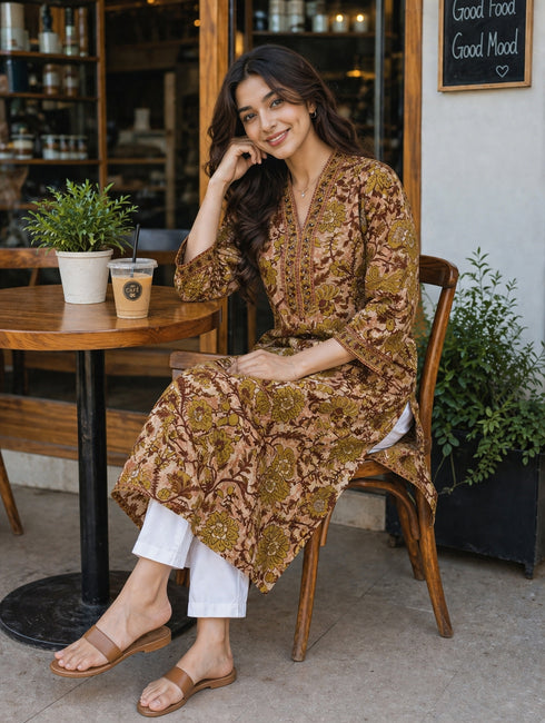 Peach & Brown Pure Cotton Floral Printed Kurti