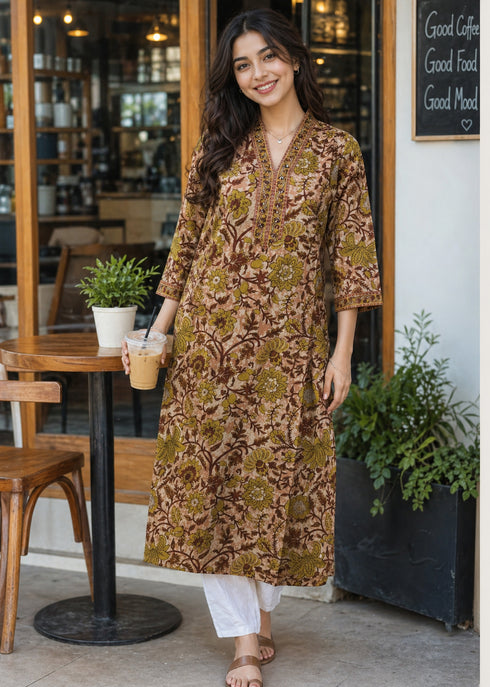 Peach & Brown Pure Cotton Floral Printed Kurti