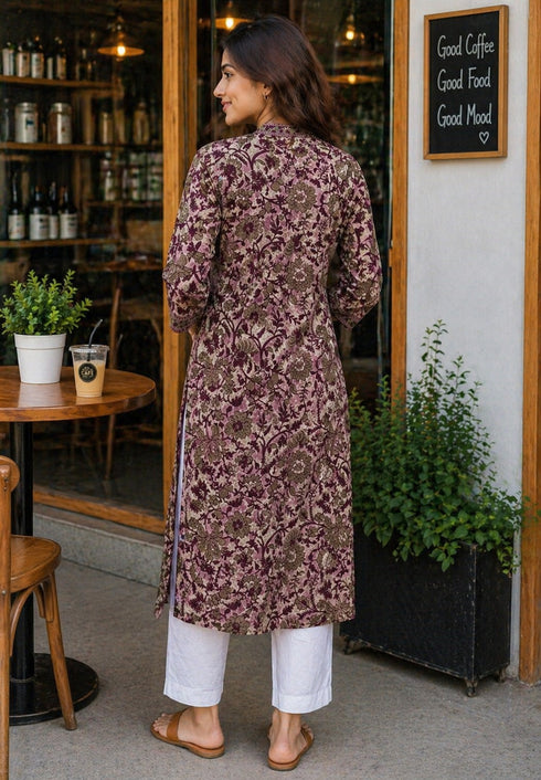 Dusty Pink & Wine Pure Cotton Floral Printed Kurti