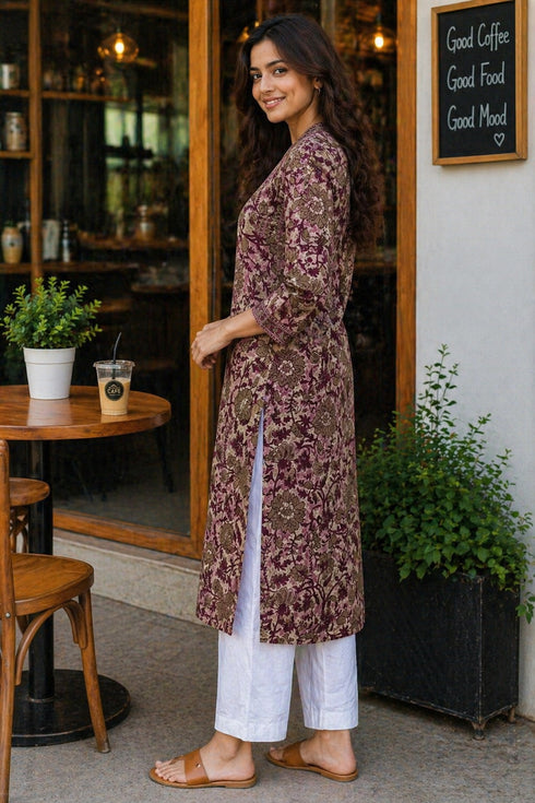 Dusty Pink & Wine Pure Cotton Floral Printed Kurti