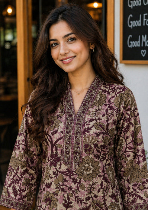Dusty Pink & Wine Pure Cotton Floral Printed Kurti