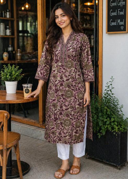 Dusty Pink & Wine Pure Cotton Floral Printed Kurti