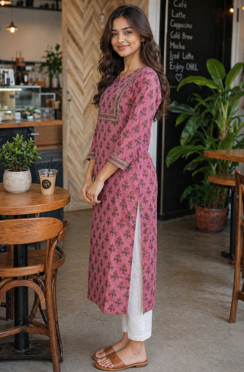 Pink Pure Cotton Floral Printed Kurti