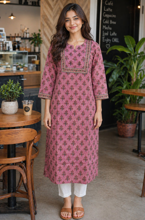 Pink Pure Cotton Floral Printed Kurti