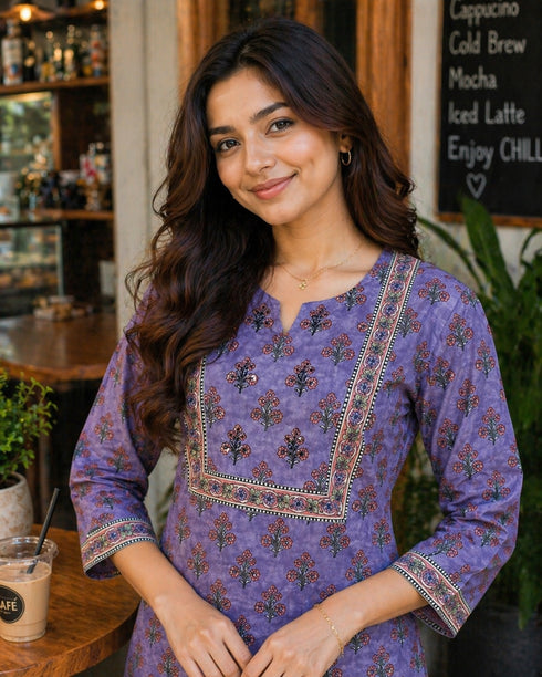 Lavender Pure Cotton Floral Printed Kurti