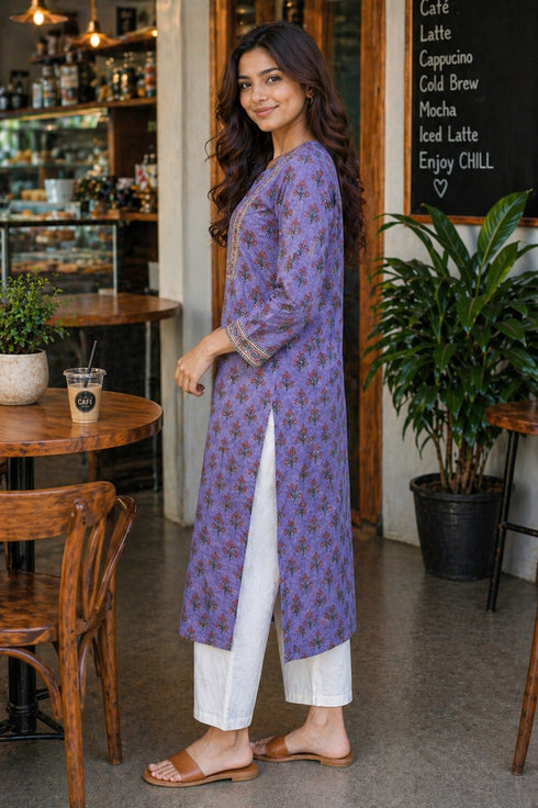 Lavender Pure Cotton Floral Printed Kurti
