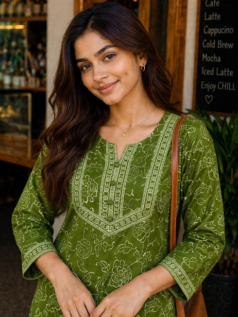 Mahendi Green Pure Cotton Floral Printed Kurti