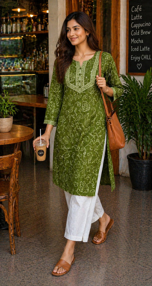 Mahendi Green Pure Cotton Floral Printed Kurti