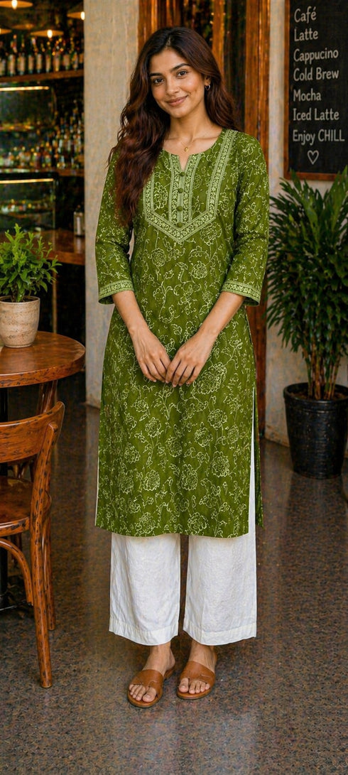 Mahendi Green Pure Cotton Floral Printed Kurti