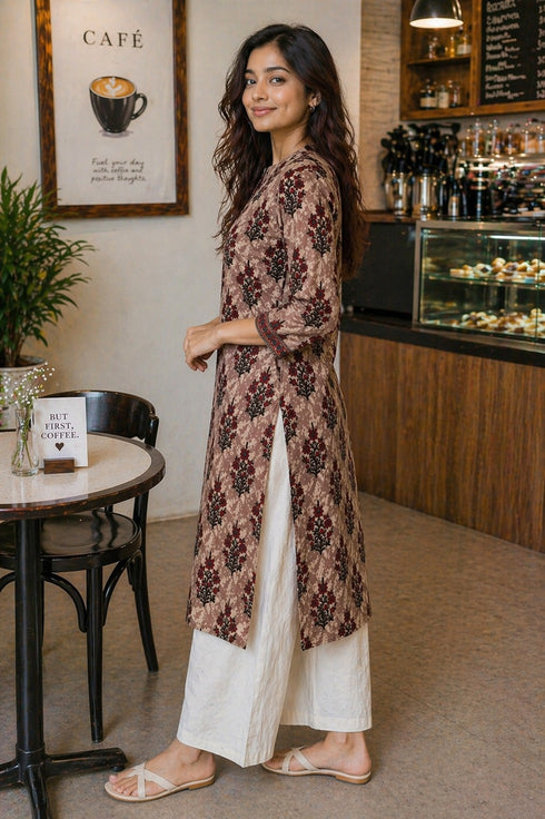 Brown & Red Pure Cotton Floral Printed Kurti