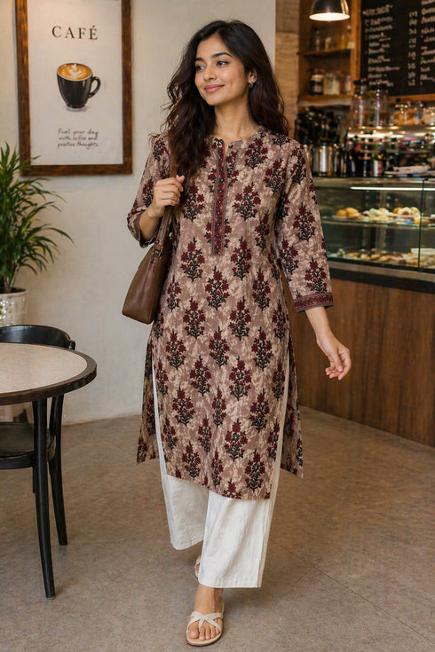 Brown & Red Pure Cotton Floral Printed Kurti
